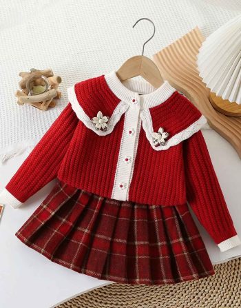 Ensemble 2 Pièces Fille, Cardigan Floral Et Jupe Tartan
