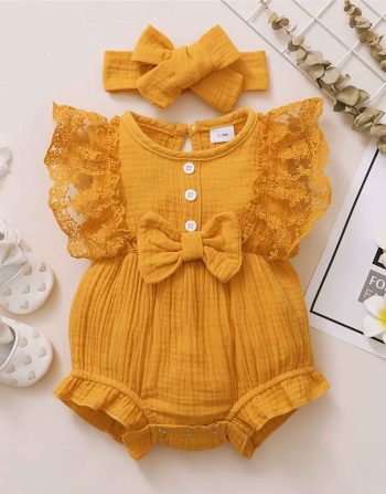 Barboteuse À Col Rond Et Nœud En Dentelle Pour Bébé Fille